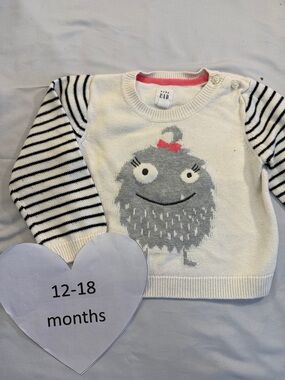 GAP - White and Black Striped Long sleeve knit Sweater with Monster design